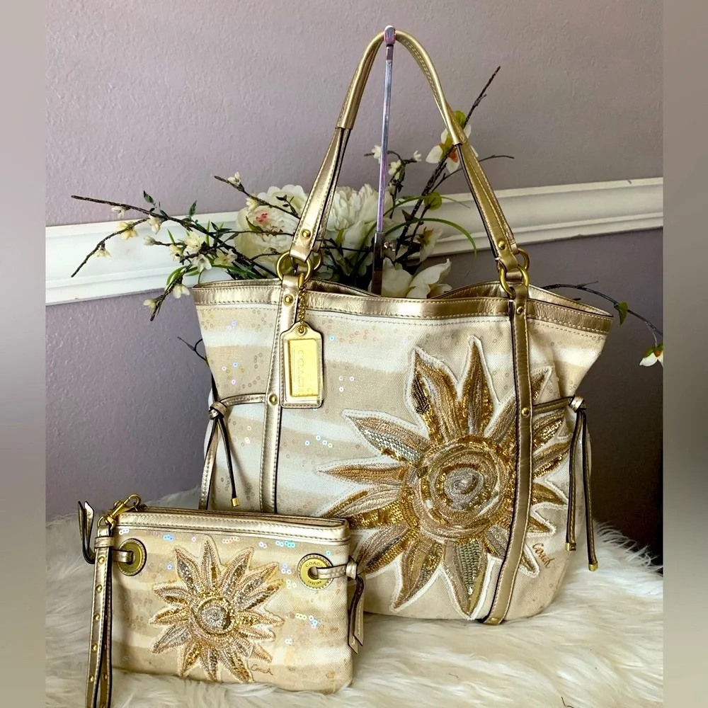 Coach Gold & Cream Floral Sequin Tote with Wristlet